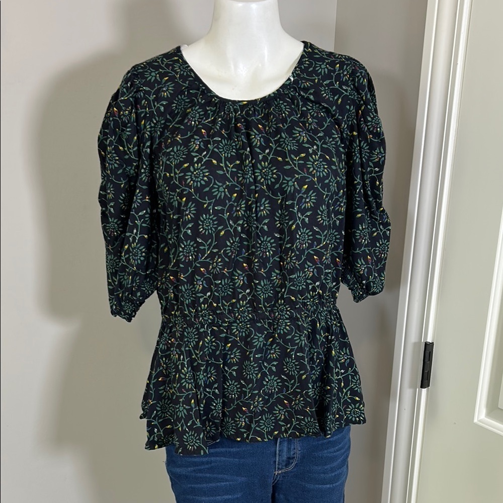 Anthropologie Meadow Rue Smocked Puff Sleeve Floral Top Blouse Black Sz L
